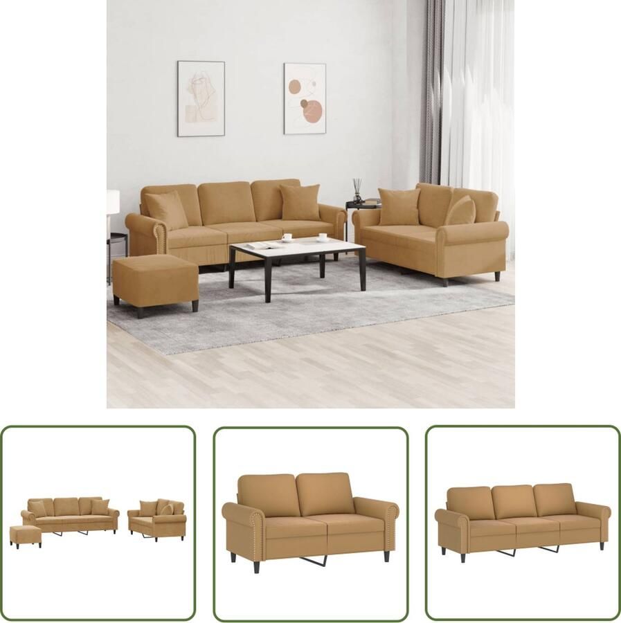 The Living Store 3-delige Loungeset met kussens fluweel bruin Loungebank Bankstellen Zitzitting Fluweel Sofa Bruine Bank