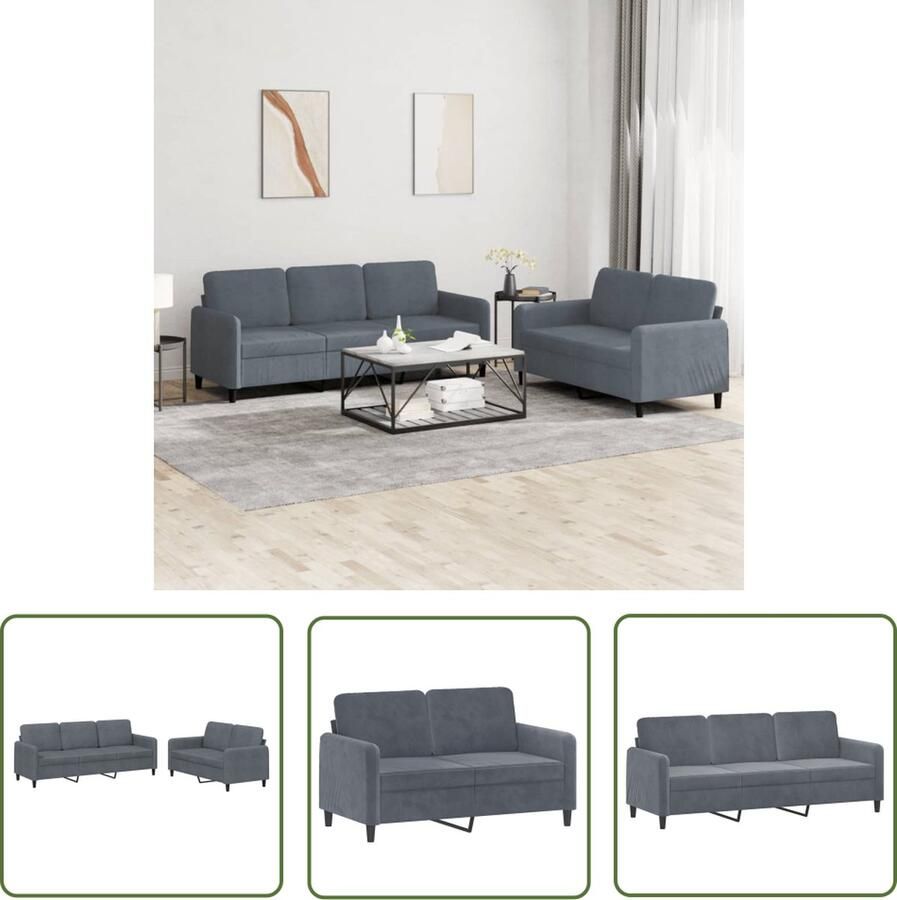 The Living Store Loungeset Fluweel Bank 2-zits 3-zits donkergrijs comfortabele zitting Loungeset Bankstellen Velvet Bank Donkere Bank 2 Persoons Bank