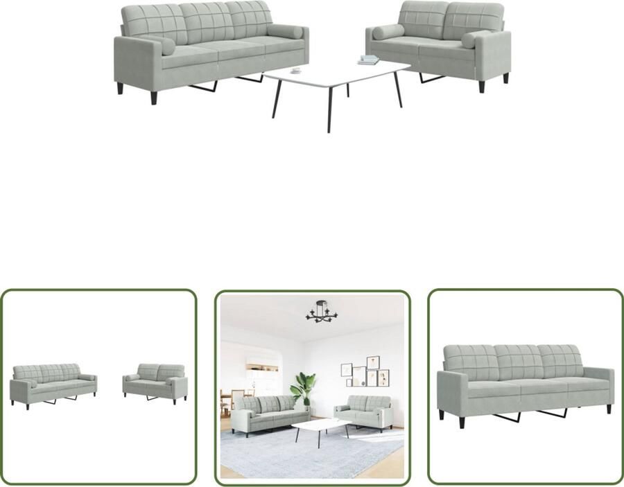The Living Store 2-delige Loungeset met kussens en bolsters fluweel lichtgrijs Loungeset Bankstellen Fluweel Sofa Lounge Meubels Moderne Bank