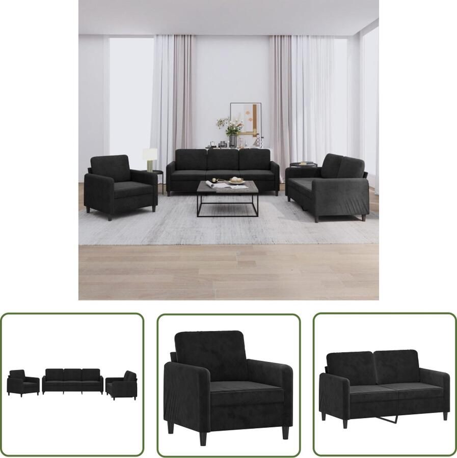 The Living Store 3-delige Loungeset fluweel zwart Loungeset Bankstellen Velvet Sofa Zwarte Bank Salon Meubilair