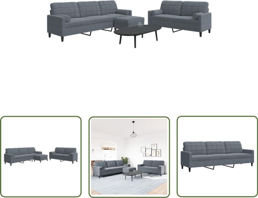 VidaXL Bankstellen Loungeset 3-delige Loungeset met kussens en bolsters fluweel donkergrijs Lounge Meubels Donkere Kleuren Velours Bank