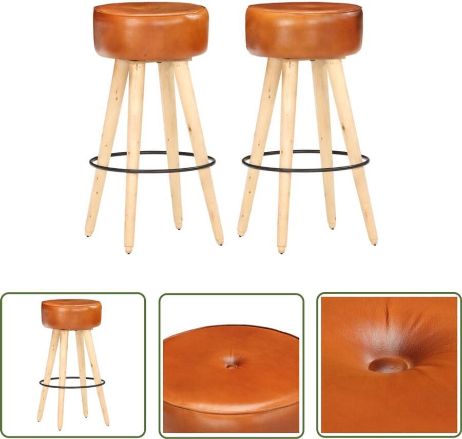 VidaXL Barkrukken Ruw Mangohout en Echt Leer 2 stuks Barstoel Leren Barkruk Mangohouten Barkruk Vintage Barkruk Retro Barkruk Unieke Barkruk Set Van 2 Barkrukken Bruine Barkruk Barkrukken Voor Keuken Barkrukken Voor Bar
