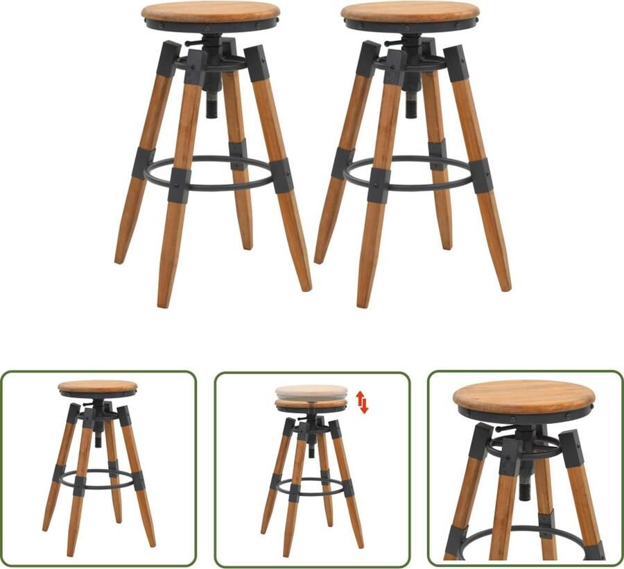 The Living Store Barkrukken Massief Vurenhout 53.5 x 53.5 x 79 cm In hoogte verstelbaar Barstühlen Barkrukken Kopen Hout Meubels Industriele Stoelen Hoge Stoelen - Foto 2