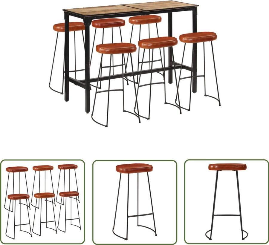 The Living Store 7-delige Barset massief ruw mangohout en metaal Bartafel Barstoel Mangohout Industrieel Design Eetkamerset