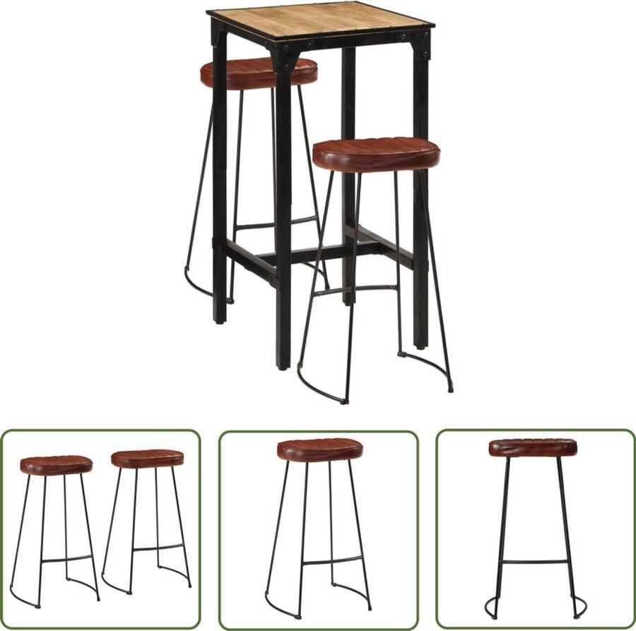 The Living Store 3-delige Barset massief ruw mangohout en metaal Bartafel Barstool Salontafel Eetkamerstoel Loungehoek