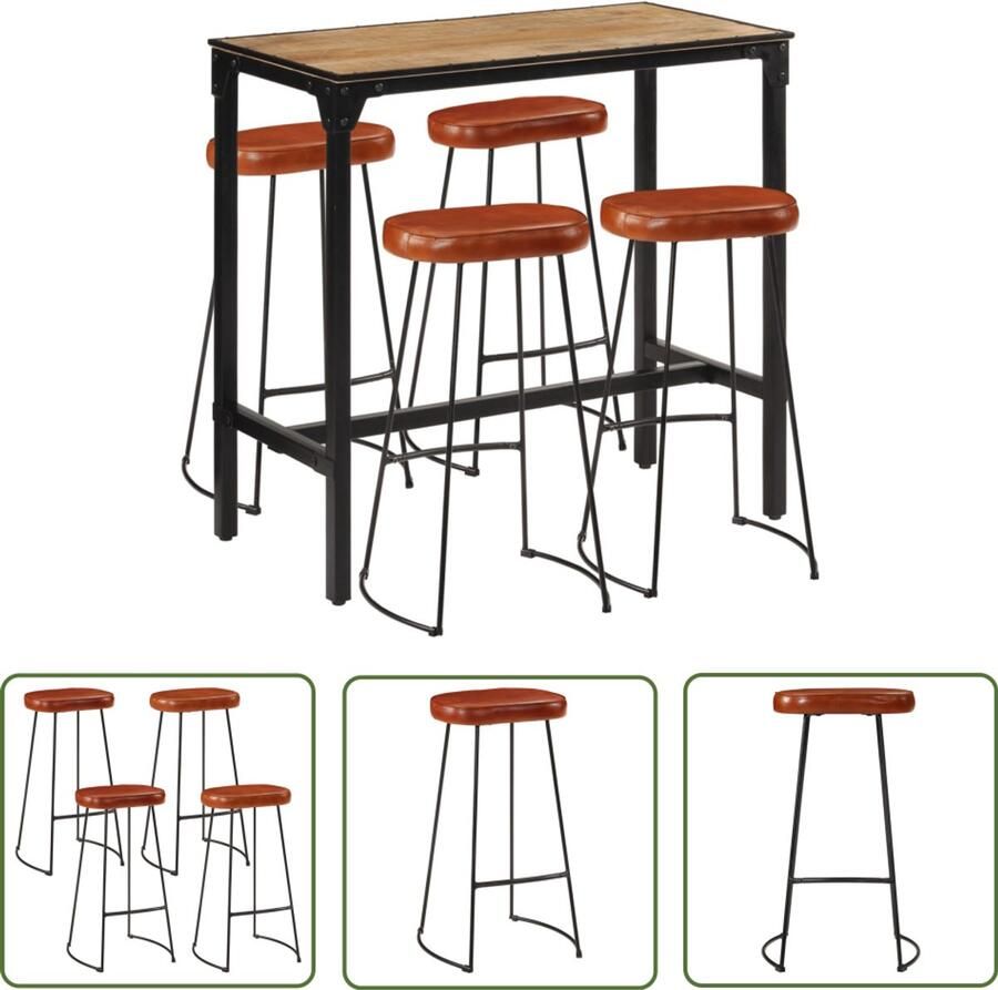 The Living Store 5-delige Barset massief ruw mangohout en metaal Barset Bartafel Mangohout Metalen Frame Krukken