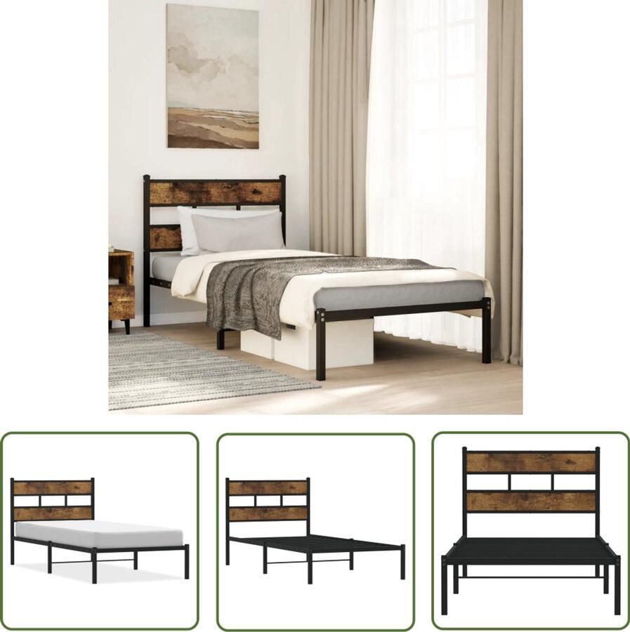 VidaXL Bedframe zonder matras metaal gerookt eikenkleurig 90x200 cm Bedframe Bed Slaapkamer Metalen Bed Houten Bed
