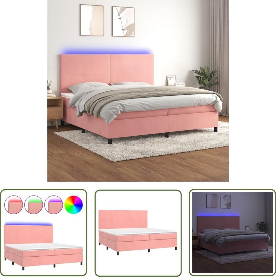 The Living Store Bed Fluweel Roze Boxspring 203x200x118 128 Verstelbaar hoofdbord Pocketvering matras Huidvriendelijk topmatras Kleurrijke LED-verlichting Inclusief montagehandleiding USB-aansluiting