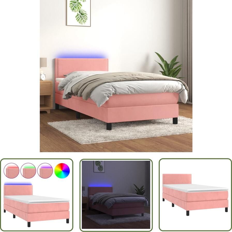 The Living Store Boxspring Roze Fluweel 203x80x78 88 cm Verstelbaar hoofdbord LED-verlichting Pocketvering matras Huidvriendelijk topmatras Boxspring Fluweel Bed Rozerood Bed Led Bed Verstelbare Hoofdbord