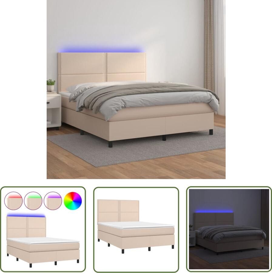 The Living Store Boxspring Bed Cappuccino 193 x 144 x 118 128 cm Incl LED en Matrassen Boxspring Bed Kapstok Lederlook Led Lamp