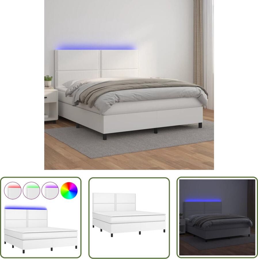 The Living Store Boxspring Bed Kunstleer 203 x 160 x 118 128 cm Verstelbaar hoofdbord Kleurrijke LED-verlichting Pocketvering matras Huidvriendelijk topmatras Wit Boxspring Bed Slaapcomfort Led Verlichting Kunstleder