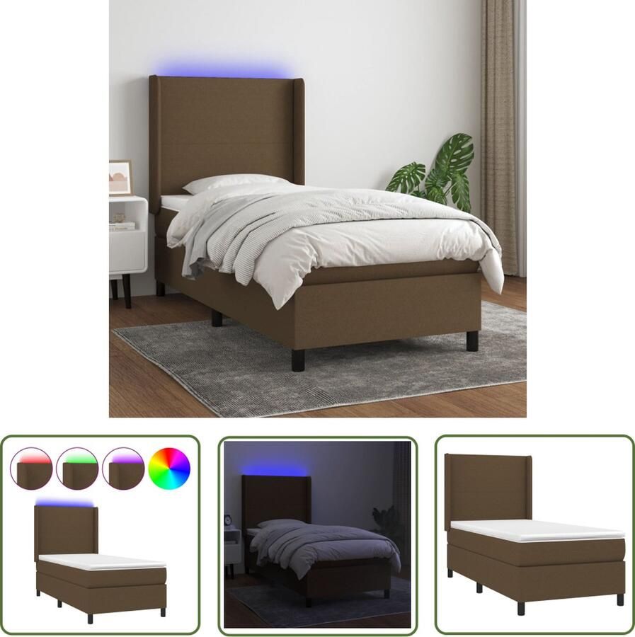 The Living Store Bedden Boxspring 193x93x118 128 cm donkerbruin stof verstelbaar hoofdbord LED-verlichting pocketvering matras huidvriendelijk topmatras Boxspring Bed Slaapcomfort Led Verlichting Pocketed Veren