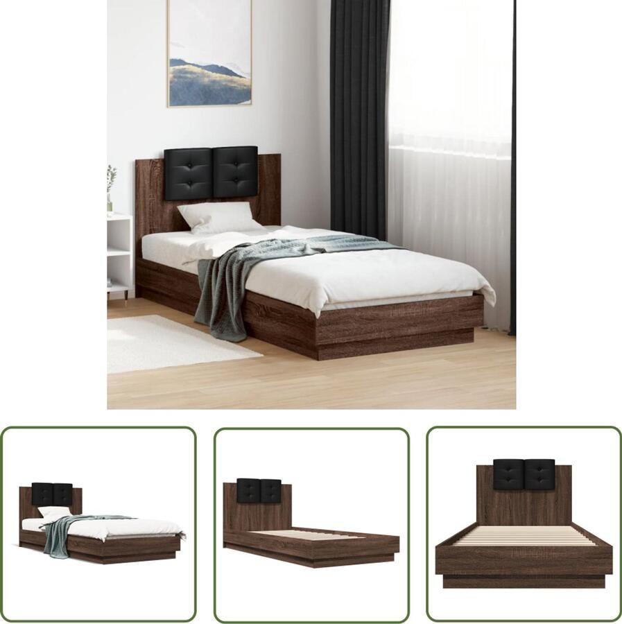 VidaXL Bed Frame 100x200 Bruin Houten Bed Frame Bedframe met hoofdeinde bewerkt hout bruineikenkleur 100x200 cm Hoofdbord Bed Design Bed Tweepersoons Bed