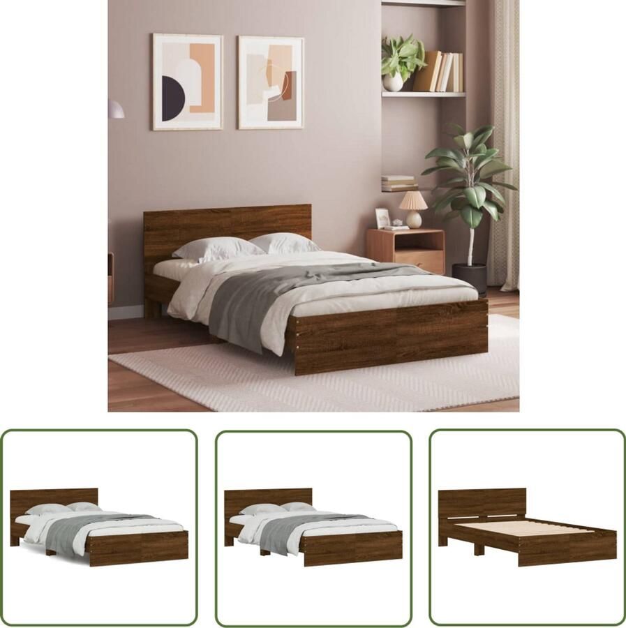 VidaXL Bed Frame 135x190 Bruin Houten Bed Frame Bedframe met hoofdeinde bruin eikenkleur 135x190 cm Tweepersoons Bed Frame Bed Frame Met Hoofdeinde Houten Bed Frame