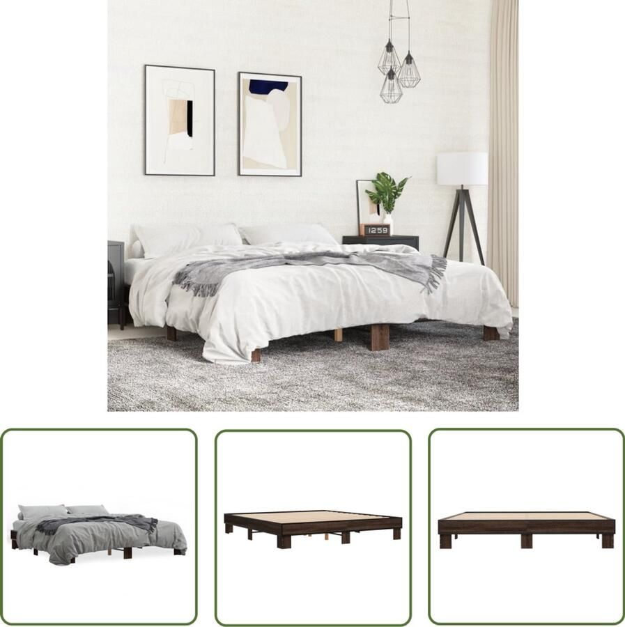 VidaXL Bed Frame 180x200 Bruin Houten Bed Bedframe bewerkt hout metaal bruin eikenkleur 180x200 cm Tweepersoons Bed Eikenhout Bed Modern Bed