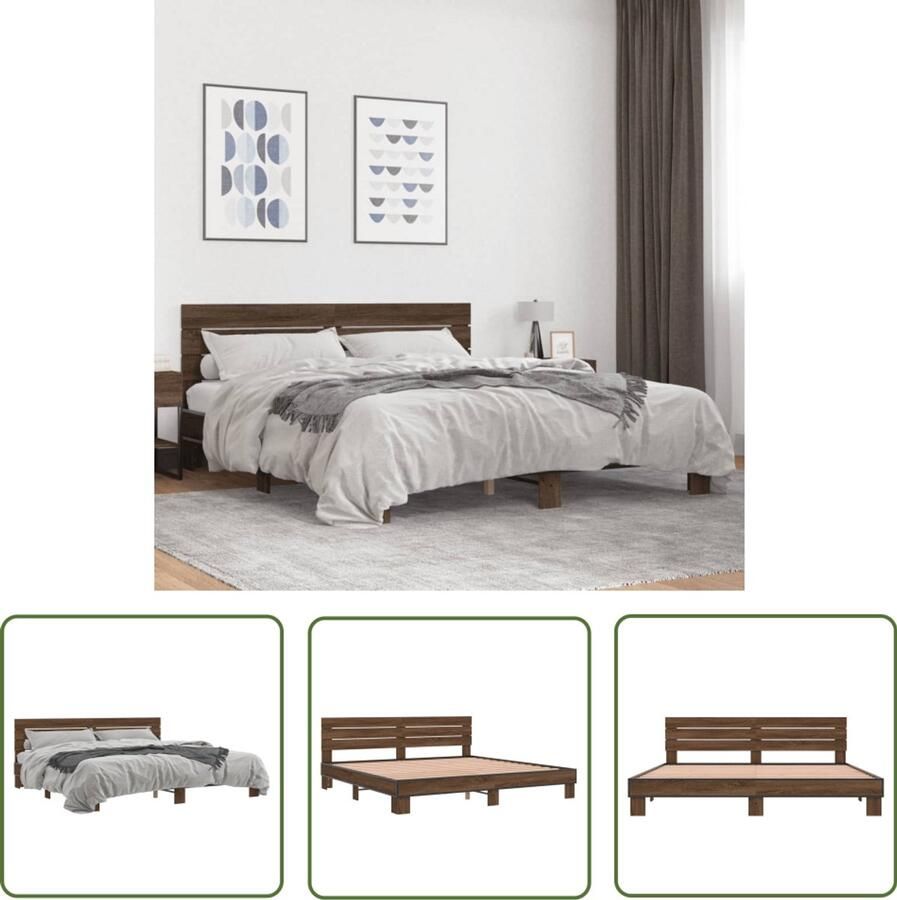 VidaXL Bed Frame 180x200 Bruin Houten Bed Frame Bedframe bewerkt hout metaal bruin eikenkleur 180x200 cm Luxe Bed Frame Metalen Bed Frame Comfortabel Bed Frame