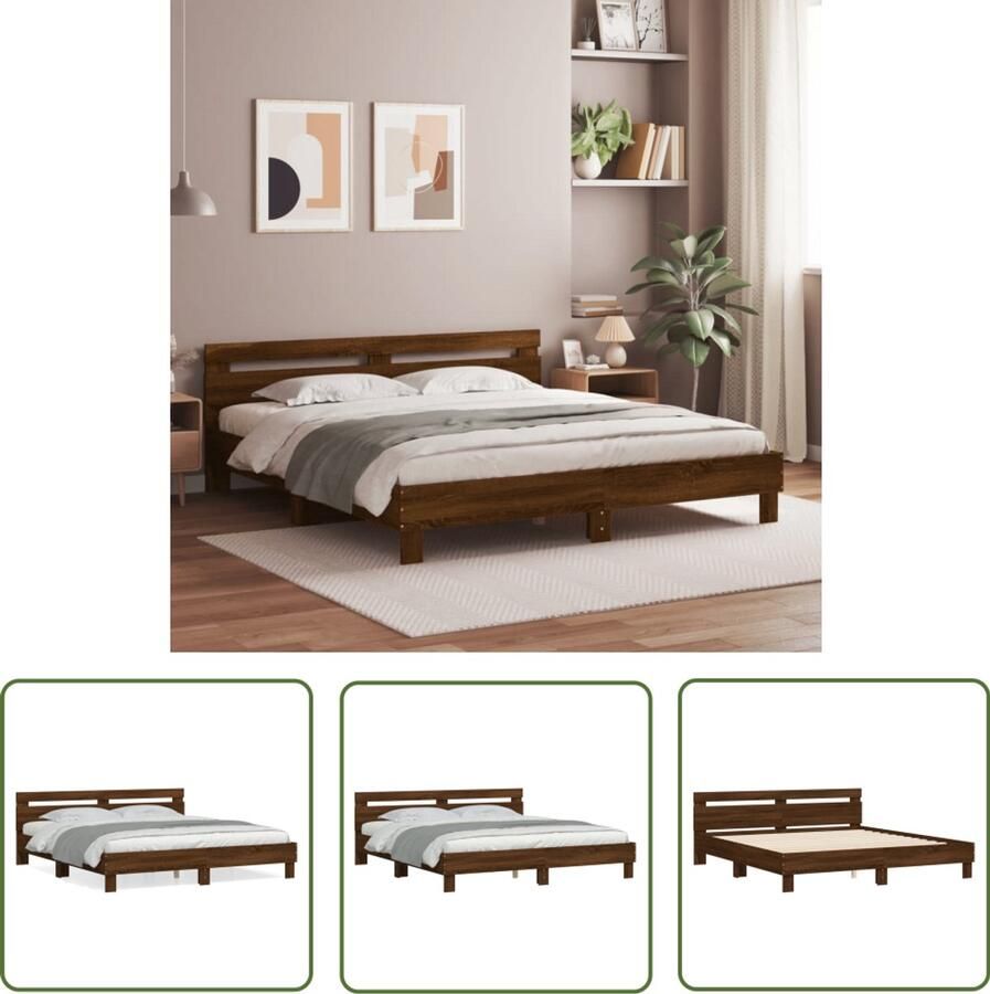 VidaXL Bed Frame 200x200 Bruine Houten Bed Frame Bedframe met hoofdeinde bewerkt hout bruineikenkleur 200x200 cm Tweepersoons Bed Frame King Size Bed Frame Luxe Bed Frame