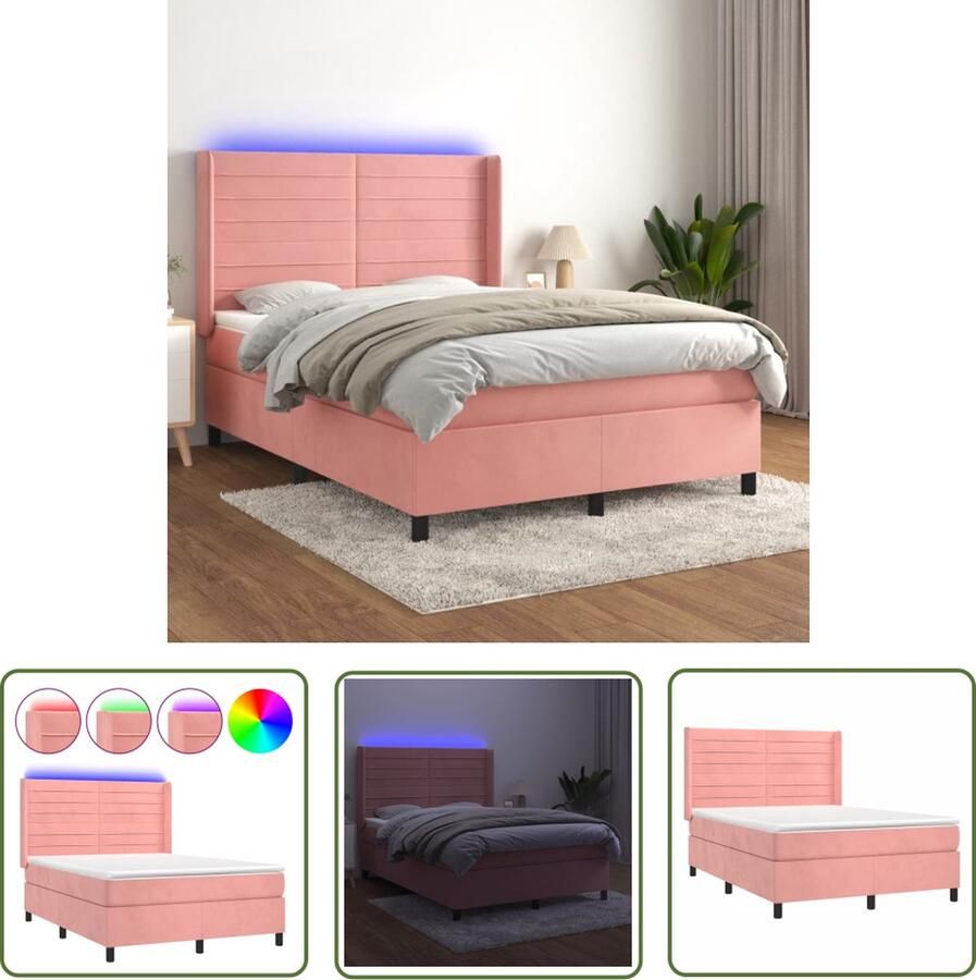 The Living Store Bedframe Boxspring Fluweel Pocketvering Matras Hoofdbord LED Boxspring Bed Frame Fluweel Bed Led Bed Slaapcomfort