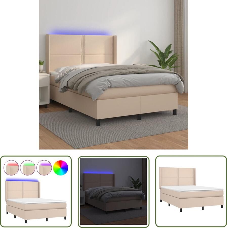 The Living Store Bed Cappuccino Kunstleer 193 x 147 x 118 128 cm Verstelbaar hoofdbord LED verlichting Pocketvering matras Huidvriendelijk topmatras Montagehandleiding Boxspring Bed Frame Leder Look Kapstok Led Lamp