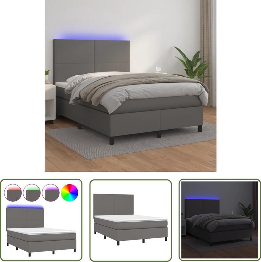 The Living Store Bed Boxspring Grijs 193 x 144 x 118 128 cm LED Pocketvering Boxspring Bed Frame Led Lamp Pocketveer Kunstleer