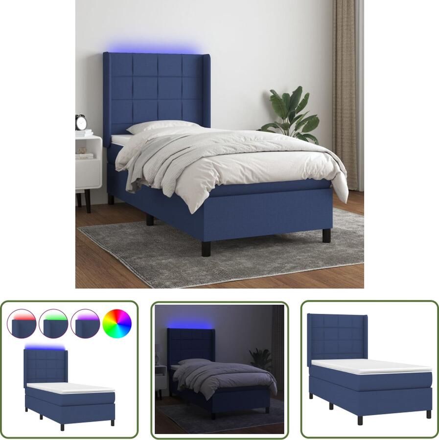 The Living Store Boxspring met matras en LED stof blauw 90x190 cm Boxspring Bed Frame Led Lamp Tweepersoonsbed Blauwdruk