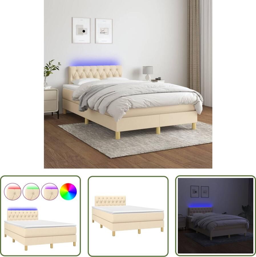 The Living Store Bed Boxspring Crème 203 x 120 x 78 88 cm Verstelbaar hoofdbord Kleurrijke LED-verlichting Pocketvering matras Huidvriendelijk topmatras Inclusief montagehandleiding USB-aansluiting