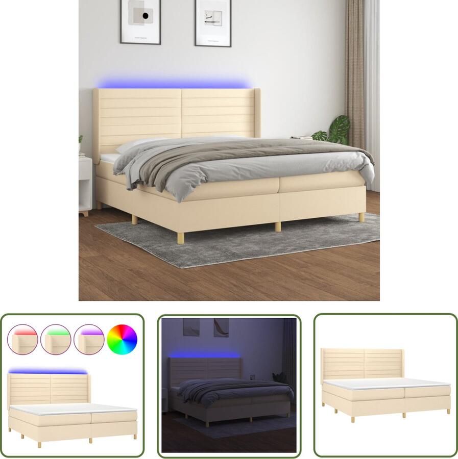 The Living Store Bed Boxspring Crème 203 x 203 x 118 128 cm Verstelbaar hoofdbord LED-verlichting Pocketvering matras Huidvriendelijk topmatras Montagehandleiding meegeleverd