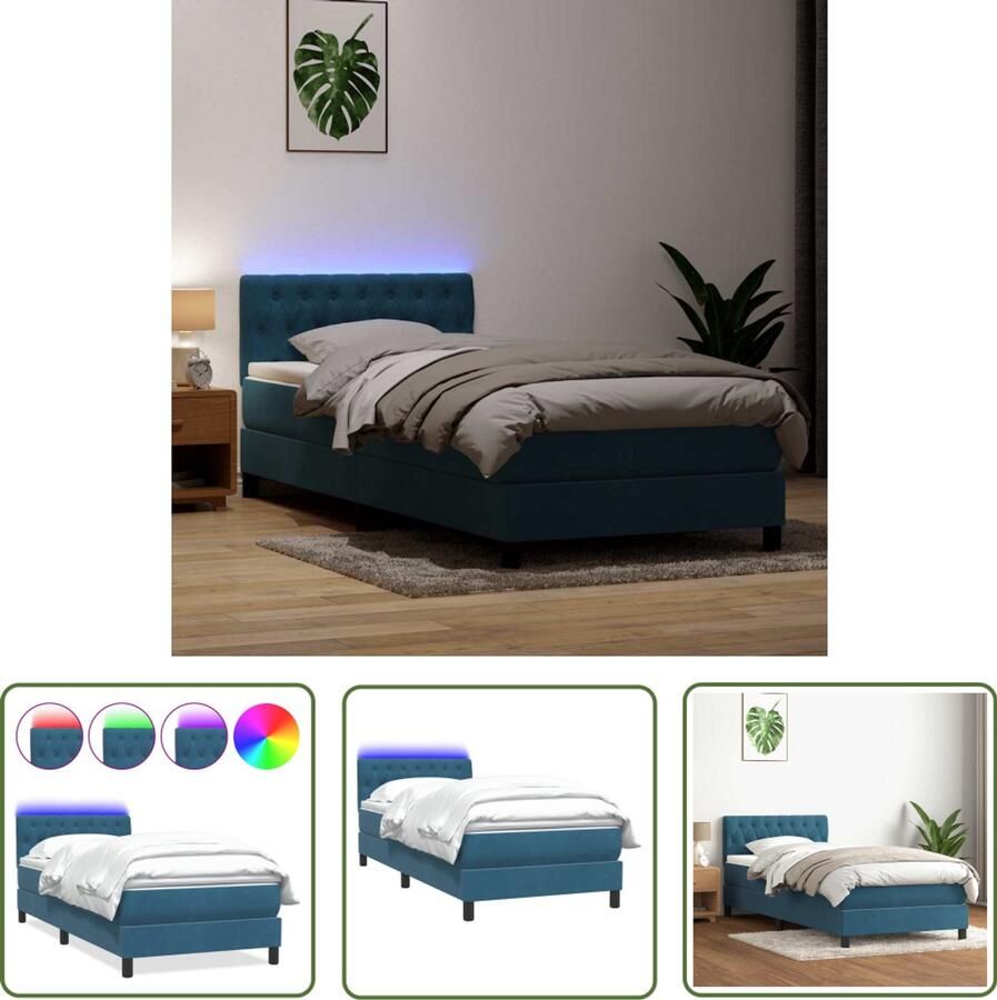 The Living Store Boxspring met matras fluweel donkerblauw 80x220 cm Boxspring Bed Frame Slaapcomfort Luxe Bed Led Verlichting