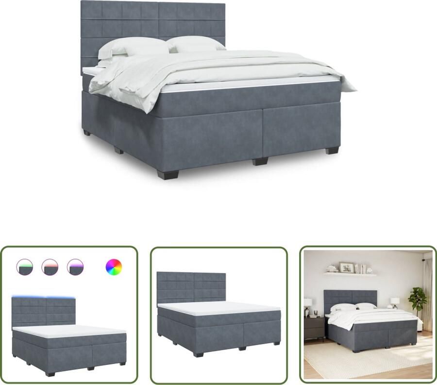 The Living Store Boxspring met matras fluweel donkergrijs 180x200 cm Boxspring Bed Frame Slaapcomfort Led Verlichting Pocketh Verenmatras
