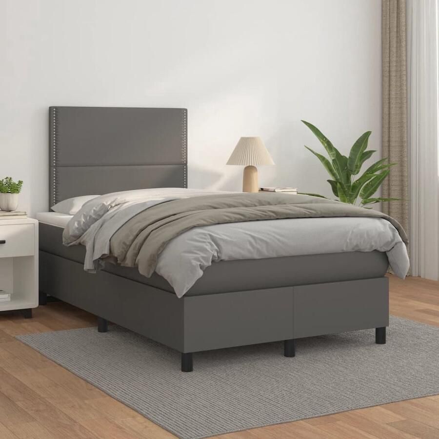 The Living Store Boxspringbed Grijs kunstleer 203 x 120 x 118 128 cm Duurzaam comfortabel Verstelbaar hoofdbord Pocketvering matras Middelharde ondersteuning Huidvriendelijk topmatras Inclusief montagehandleiding