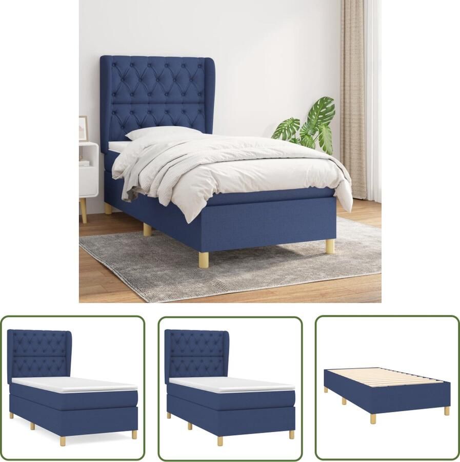 The Living Store Bed Boxspring Blauw 203 x 83 x 118 128 cm Pocketvering Boxspring Bed Frame Tweepersoonsbed Blauwdruk Pocketed Spring Mattress