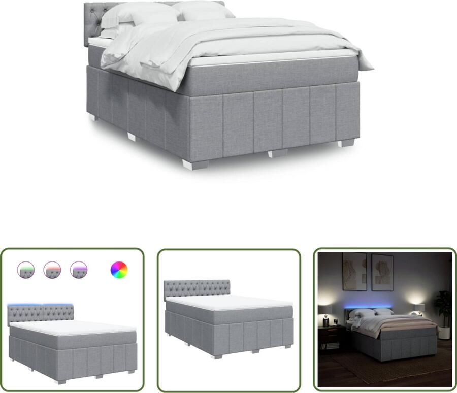 The Living Store Boxspring met matras stof lichtgrijs 140x190 cm Boxspring Bed Frame Led Verlichting Slaapcomfort Matras