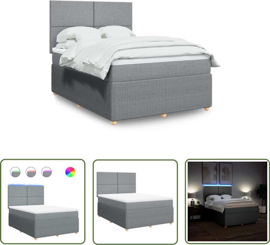 VidaXL Boxspring met matras stof lichtgrijs 140x190 cm Boxspring Bed Frame Matras Led Verlichting Hoofdbord