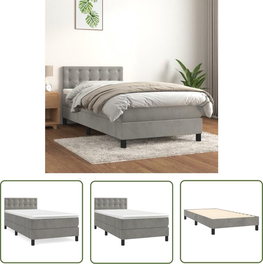 The Living Store Boxspring met matras fluweel lichtgrijs 80x200 cm Boxspringbed Velvet Bed Tweepersoonsbed Stapelbare Bed Boxspring Frame
