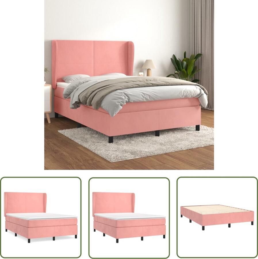 The Living Store Boxspringbed Fluweel Roze 193x147x118 128 cm Pocketvering matras Middelharde ondersteuning Huidvriendelijk topmatras Boxspringbed Fluweel Bed Roze Bed Tweepersoons Bed Boxspring