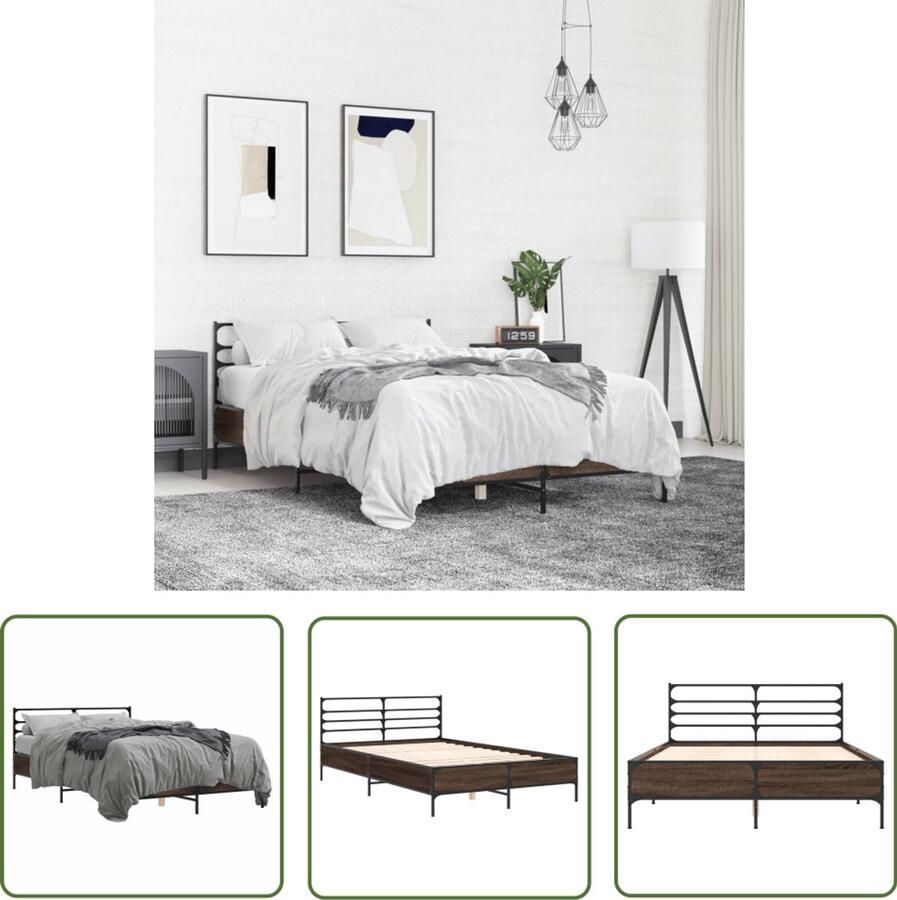 VidaXL Bed Frame Bruin Houten Bed Bedframe bewerkt hout metaal bruin eikenkleur 120x190 cm Tweepersoons Bed Boxspring Bed Stapelbaar Bed