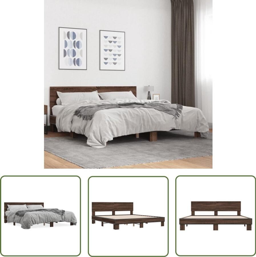 VidaXL Bed Frame Bruin Houten Bed Bedframe bewerkt hout metaal bruin eikenkleur 180x200 cm Tweepersoonsbed King Size Bed Boxspring Bed