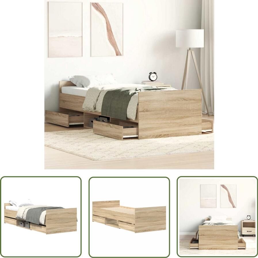 The Living Store Bedframe Logeerbed met 4 lades en schappen 203x103x50 cm Sonoma eiken Matras niet inbegrepen Logeerbed Bed Frame Houten Bed Sonoma Eiken Tweepersoonsbed