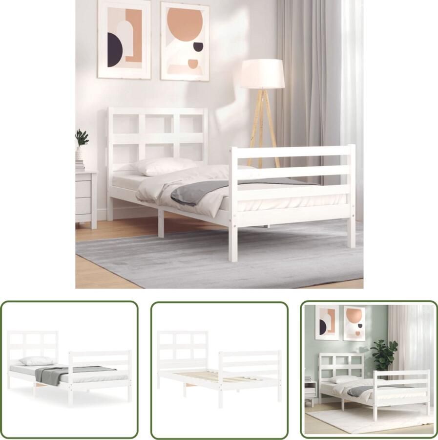 The Living Store Bedframe met hoofdbord massief hout wit 3FT Single Bedframe Bedframes Bed Eenpersoonsbed Slaapkamermeubel Houten Bedframe Houten Bed Bedbodem Massief Houten Bedframe Ledikant Bedframe Met Hoofdeinde