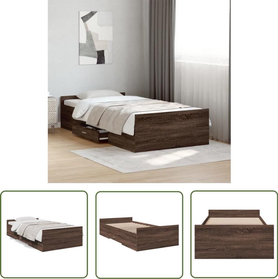 VidaXL Bed Frame Met Lade Bruin Houten Bed Bedframe met lades bewerkt hout bruin eikenkleur 75x190 cm Tweepersoons Bed Boxspring Bed Stapelbaar Bed