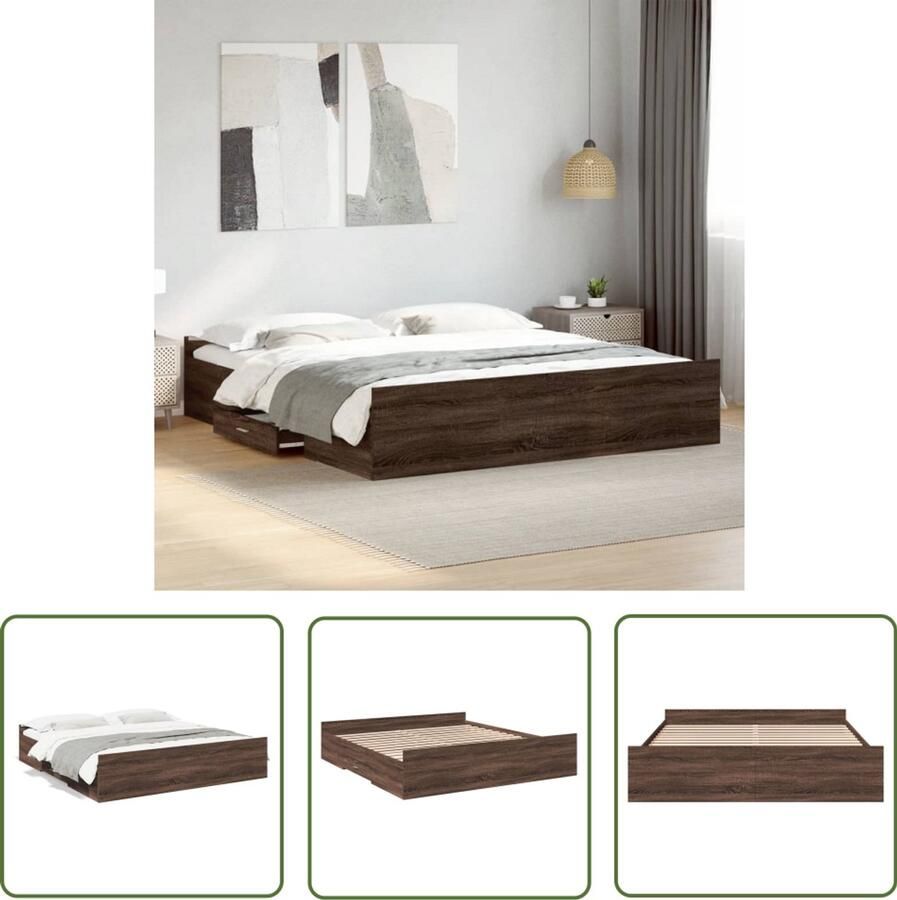 VidaXL Bedframe met lades bewerkt hout bruin eikenkleur 200x200 cm Bruin Houten Bed Frame Bed Frame Met Lade Tweepersoons Bed Frame Boxspring Bed Frame Design Bed Frame