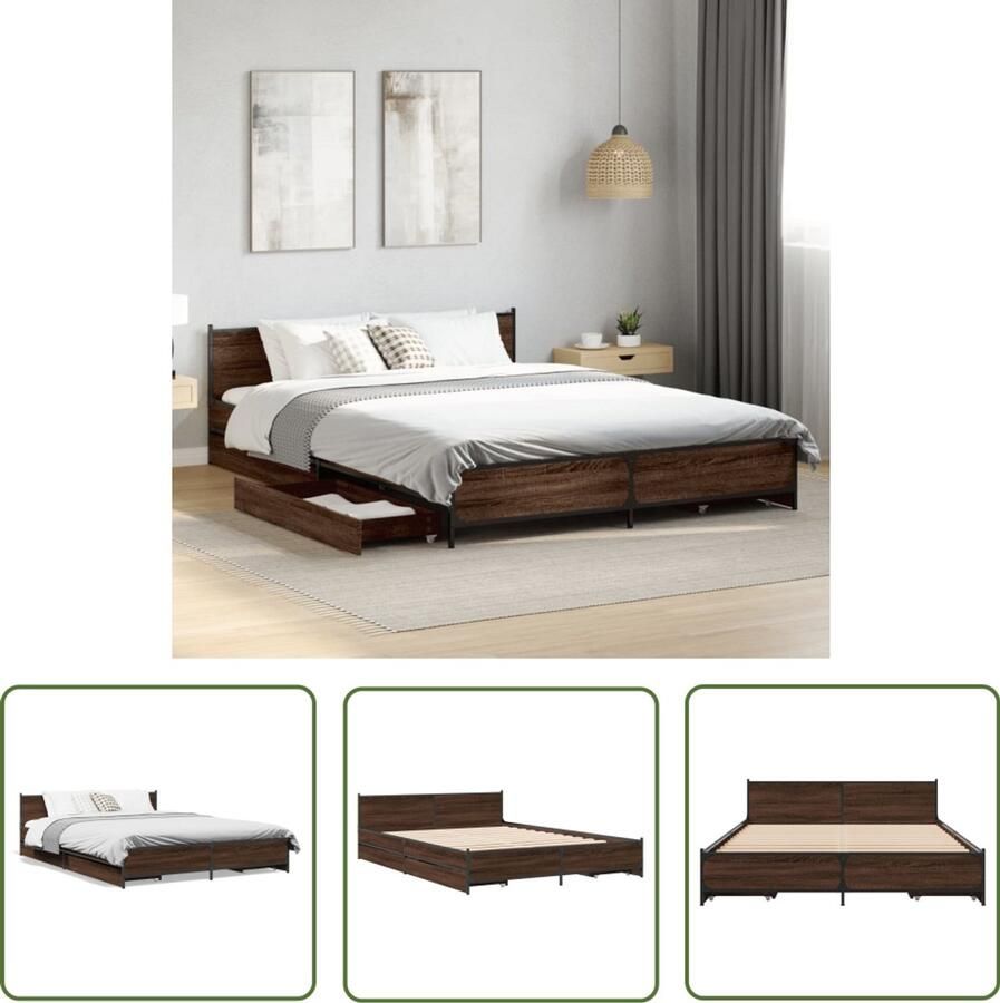 VidaXL Bed Frame Met Lades Bruin Houten Bed Bedframe met lades bewerkt hout bruin eikenkleur 150x200 cm Boxspring Bed Tweepersoons Bed Slaapkamer Meubilair
