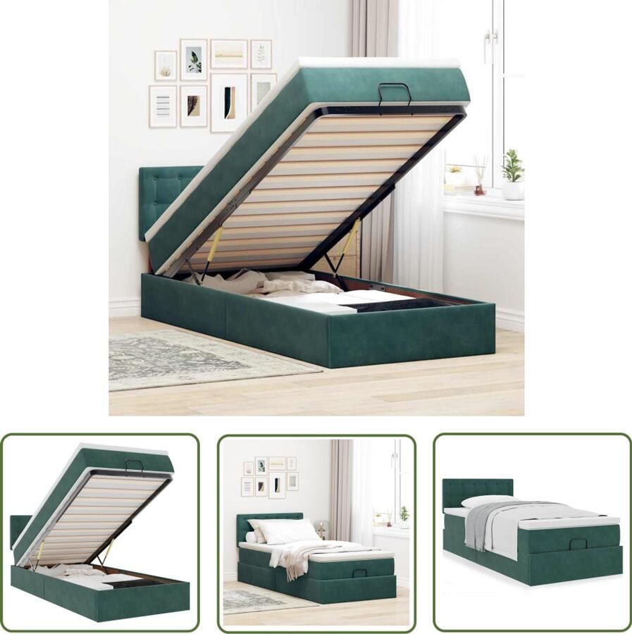 VidaXL Bed Frame Ottoman Bed Ottoman bed met matras 90x200cm fluweel donkergroen Boxspring Slaapcomfort Opbergruimte