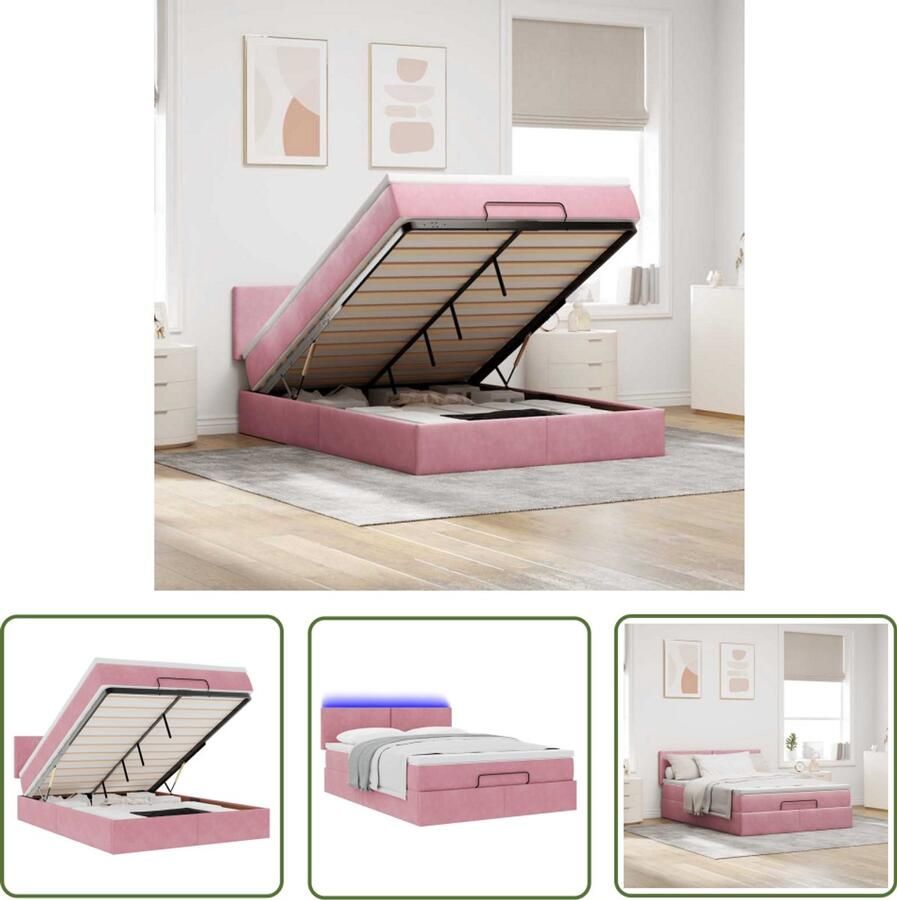 VidaXL Bed Frame Ottoman Bed Ottoman bed met matras en LED's 140x200cm fluweel roze Boxspring Bed Slaapcomfort Led Verlichting