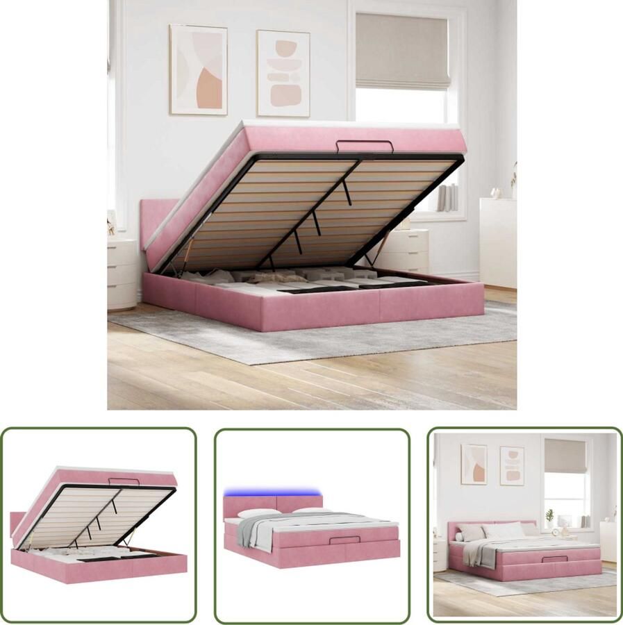 VidaXL Bed Frame Ottoman Bed Ottoman bed met matras en LED's 160x200cm fluweel roze Boxspring Bed Velvet Bed Roze Bed