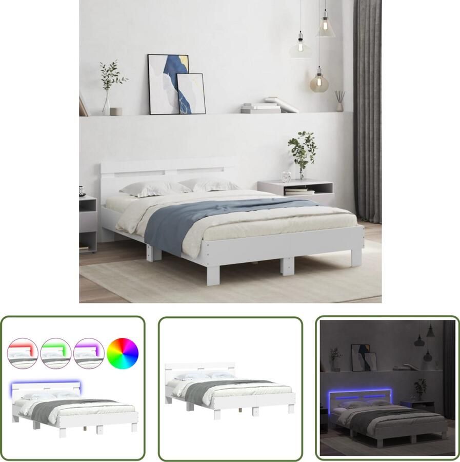 VidaXL Bedframe met hoofdeinde en LED wit 120x200 cm Slaap Kamer Bed Frame Led Verlichting Houten Bed Modern Bed