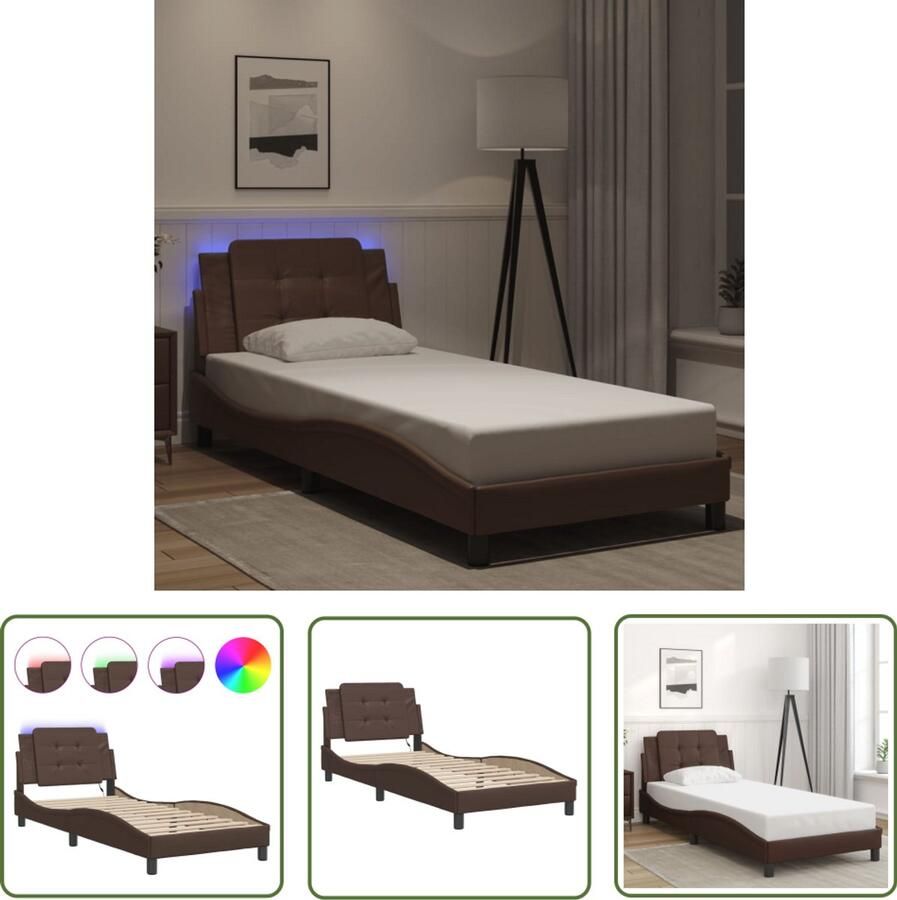 VidaXL Bedframe met LED zonder matras Zadar kunstleer bruin 100x200 cm Slaap Kamer Bed Frame Led Verlichting Kunstleder Bruin