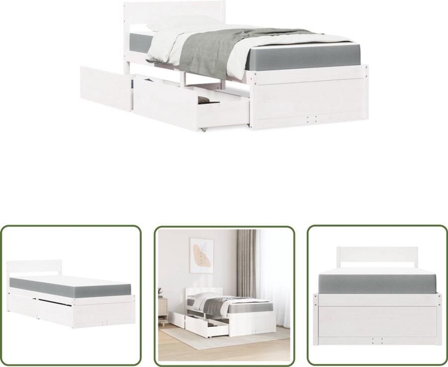 VidaXL Bed Frame Slaapcomfort Bed met lades en matras massief grenenhout wit 90x200 cm Houten Bed Tweepersoonsbed Boxspring