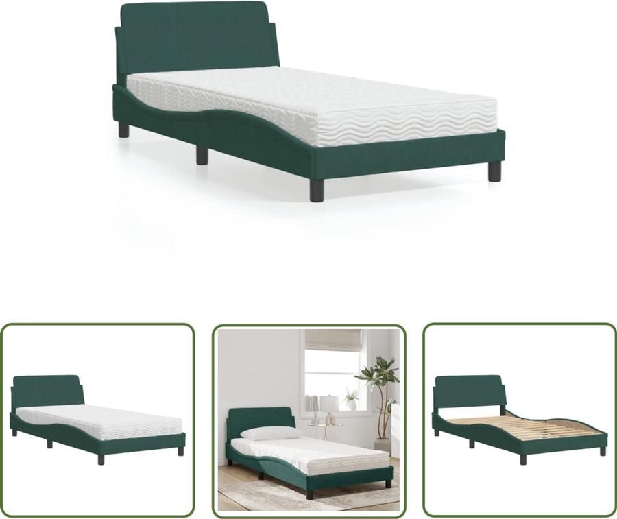 VidaXL Bed met matras Dover fluweel donkergroen 100x200 cm Slaapcomfort Bed Frame Boxspring Tweepersoonsbed Donkere Kleuren