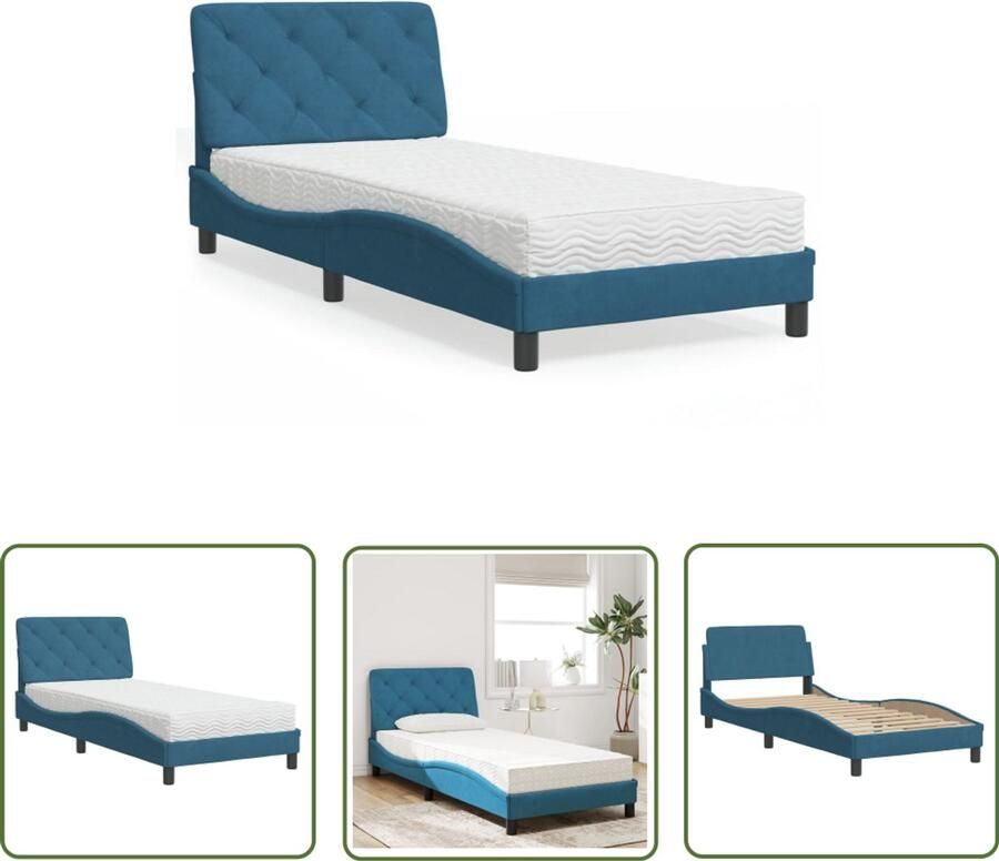 VidaXL Bed met matras fluweel blauw 90x200 cm Slaapcomfort Bed Frame Tweepersoonsbed Boxspring Fluweel Bed
